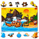 Pirate shaped puzzle pieces: hook, parrot, helm, palm tree