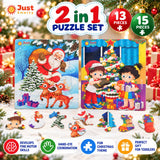 Christmas shaped puzzle pieces: snowman, gingerbread man, candy cane, reindeer